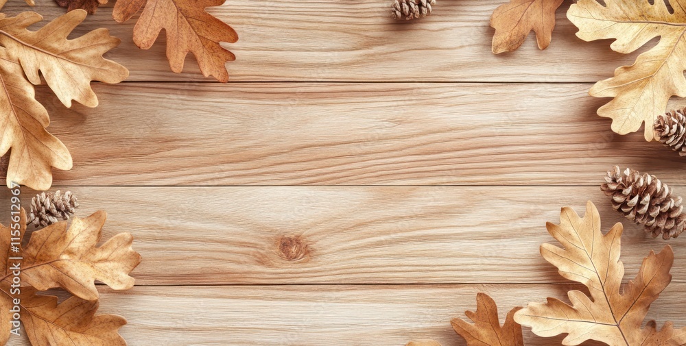 Autumnal background with oak leaves and pine cones on wooden planks. Autumnal background with oak leaves and pine cones on wooden planks.