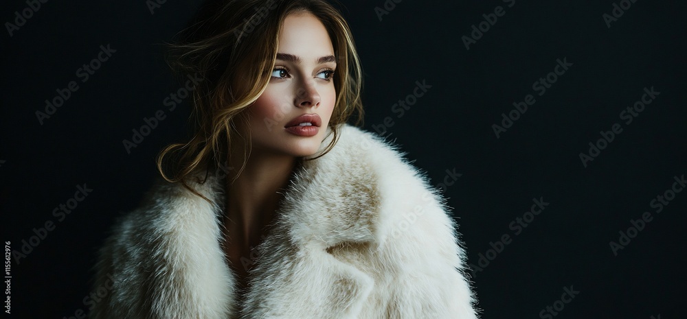 A portrait of a woman in a luxurious fur coat against a dark background. A portrait of a woman in a luxurious fur coat against a dark background.