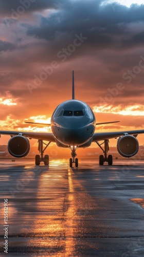 Airplane on runway in rainy weather during twilight with bright lights illumi...