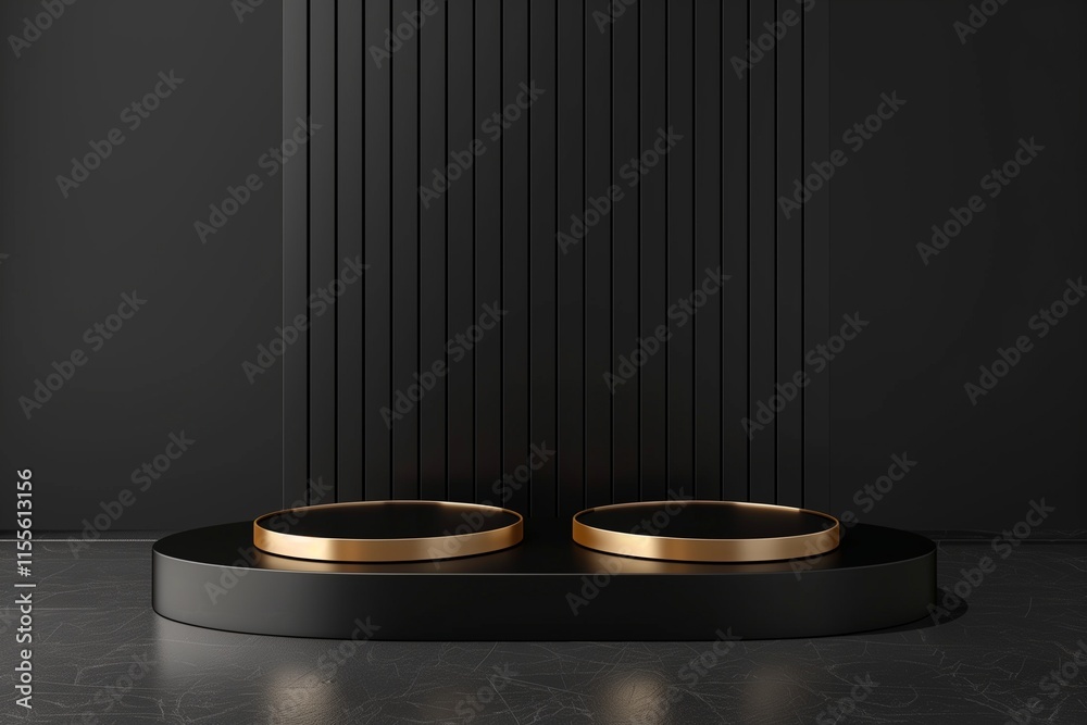 High-definition black background with minimalistic, geometric product podium stand design. High-definition black background with minimalistic, geometric product podium stand design.