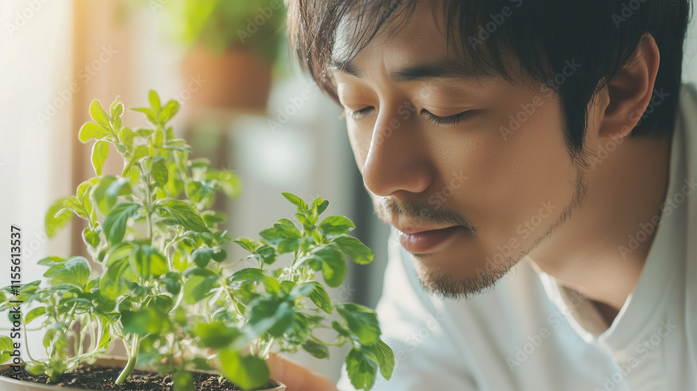 観葉植物の手入れをする午後の日本人男性 観葉植物の手入れをする午後の日本人男性