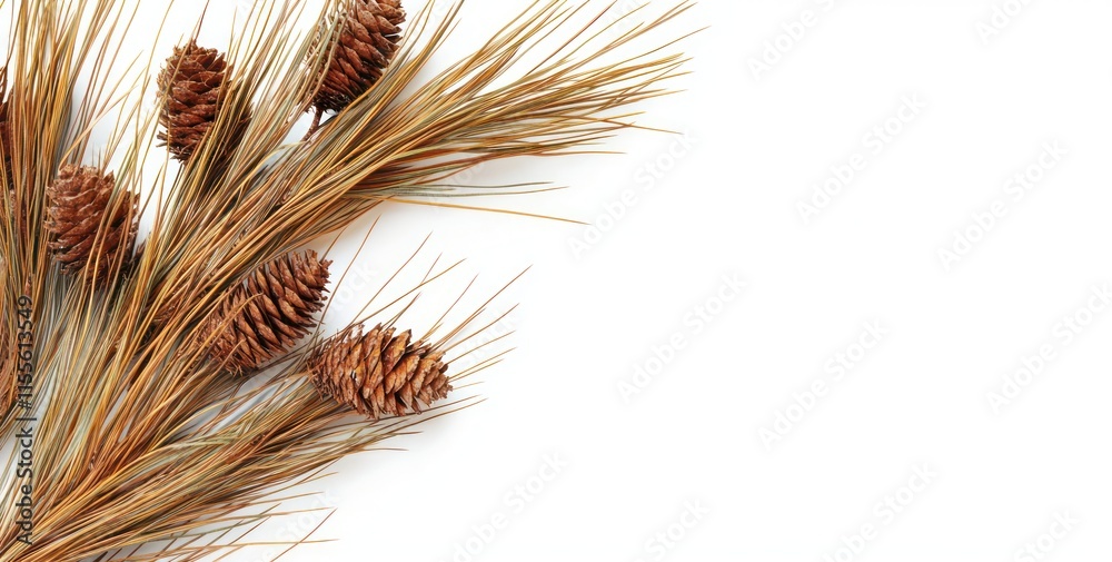 Dried pine branches with cones on white background, autumnal design. Dried pine branches with cones on white background, autumnal design.