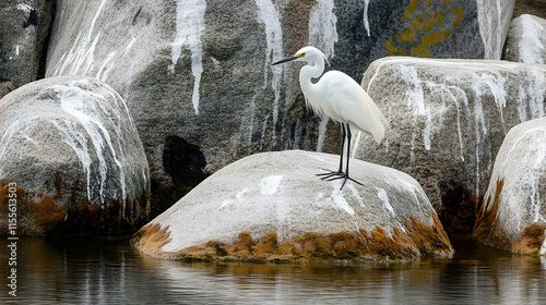 Elegant great egret stands on rock serene lake wildlife photography natural habitat photo