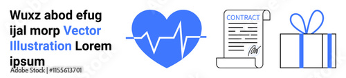 Blue heart waveform, signed contract sheet, and gift box in line art style. Ideal for healthcare, legal agreements, wellness, gifts, business deals customer rewards web design. Landing page