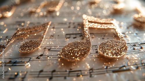 Glittering Musical Notes on Sheet Music, Close-Up View Capturing the Elegance and Beauty of Music in Sparkling Gold and Silver Tones for Artistic Projects