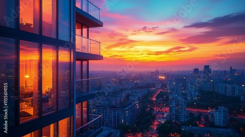 Modern architectural design showcasing glass facade against colorful sunset s...