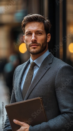 Confident business professional holding a portfolio while standing in a city ...