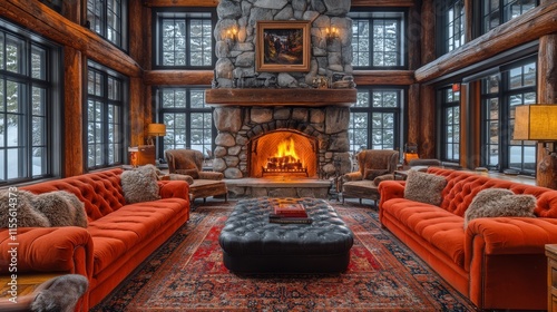 Cozy cabin living room with fireplace and snowy landscape in the evening