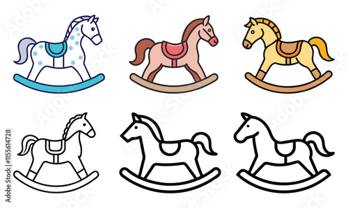 Set of Rocking Horse Icons in Color and Outline, Collection of six rocking horse illustrations, including colorful and outline designs, showcasing classic toy styles perfect for kids and playroom deco