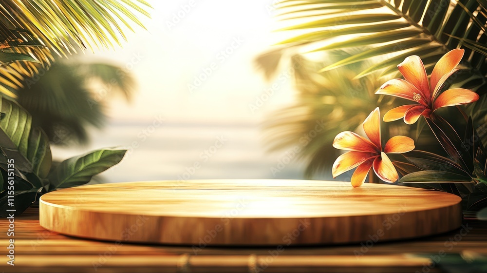 Obraz premium Wooden platform mockup in tropical setting with ocean view.