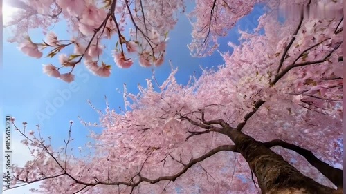 A cherry blossom tree, branches laden with vibrant sakura flowers stretch toward the sunlit sky video.
