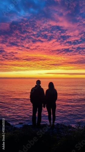 Couple enjoying sunset together at ocean view with vibrant sky colors