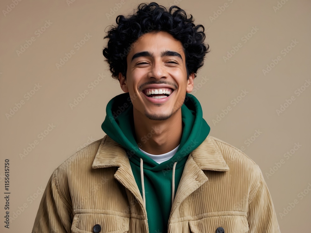 Happy cheerful young gen z guy isolated on beige background. Smiling funny ethnic teen student, cool curly generation z teenager laughing. Close up portrait. Ai Generative. Happy cheerful young gen z guy isolated on beige background. Smiling funny ethnic teen student, cool curly generation z teenager laughing. Close up portrait. Ai Generative.