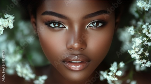 Natural beauty portrait with soft focus and floral background