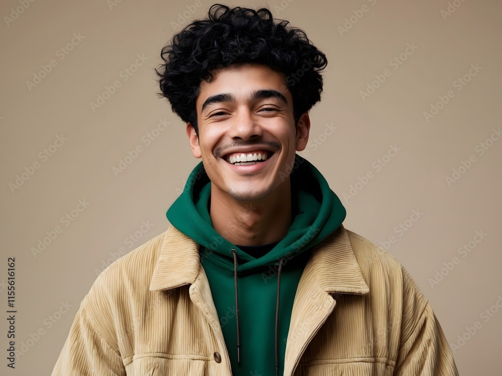 Happy cheerful young gen z guy isolated on beige background. Smiling funny ethnic teen student, cool curly generation z teenager laughing. Close up portrait. Ai Generative. Happy cheerful young gen z guy isolated on beige background. Smiling funny ethnic teen student, cool curly generation z teenager laughing. Close up portrait. Ai Generative.