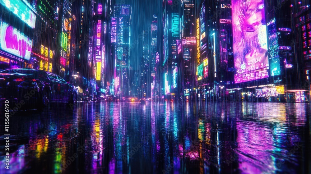 Obraz premium Neon Cityscape Under a Rainstorm