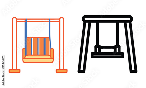 Playground Swing Icons in Color and Outline, Set of two swing illustrations featuring a colorful playground swing and a minimalist outline version, ideal for outdoor activity themes.
 photo