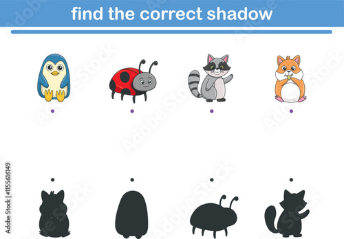 Funny cartoon wild life. Find the correct shadow. Kids Education games. Cartoon vector illustration