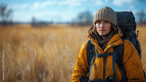 Hunter walks along the frozen riverbank at dawn with a backdrop of vibrant su...