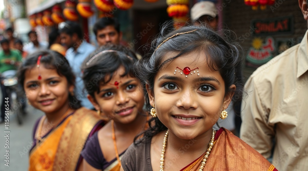 Happy Indian girls in traditional attire smiling during festival celebration on the street