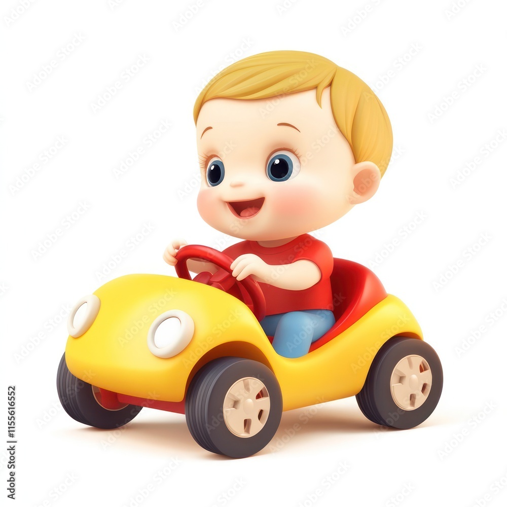 A baby sitting in a toy car, pretending to drive. vector style art 3d illustration Isolated on White Background A baby sitting in a toy car, pretending to drive. vector style art 3d illustration Isolated on White Background