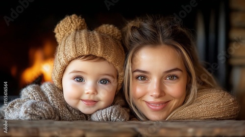 Mother cradling her baby by the fireplace in a cozy living room during winter...