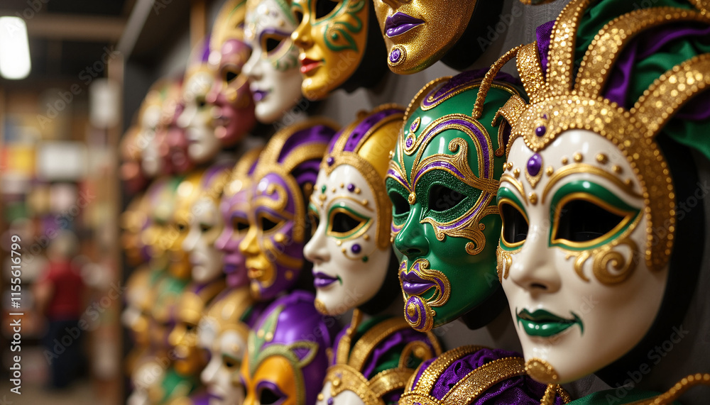 Handcrafted Mardi Gras masks displayed on wall in craft shop with vibrant designs
Handcrafted Mardi Gras masks displayed on wall in craft shop with vibrant designs