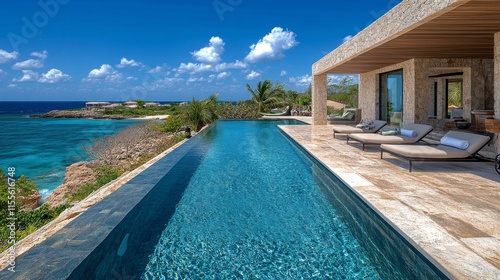 Luxurious villa with infinity pool overlooking the sea and mountains in a tro...