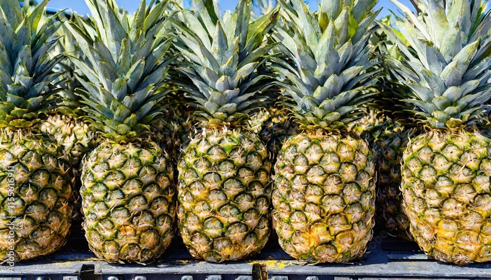 Juicy Pineapples Arranged in Rows on a Truck Bed Ready for Distribution Juicy Pineapples Arranged in Rows on a Truck Bed Ready for Distribution