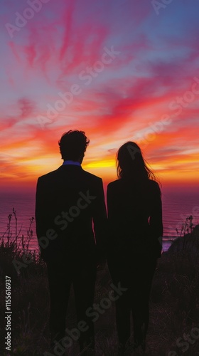 Couple enjoying sunset together at ocean view with vibrant sky colors
