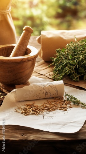 Healing herbs and roots artistically arranged on parchment paper with intricate calligraphy, delicate mortar and pestle, and warm tones of sunlight streaming through a rustic setting photo