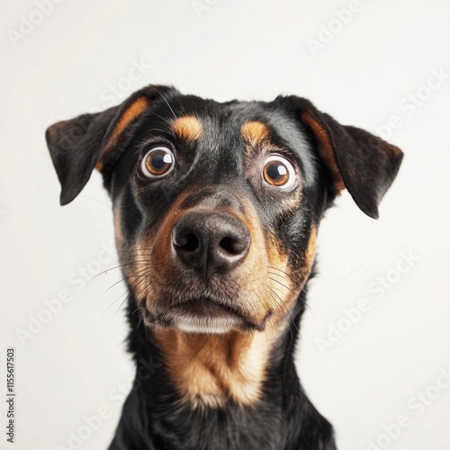 Curious dog with wide eyes and alert expression against a light background photo