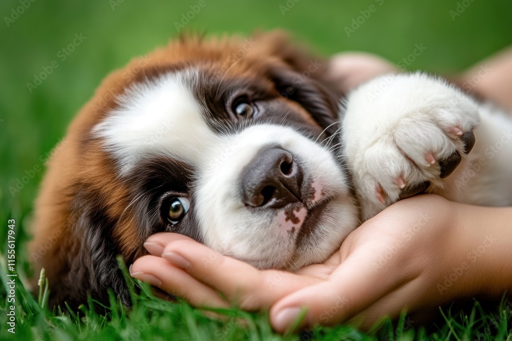 Adorable St. Bernard puppy resting in gentle hands on grass. Adorable St. Bernard puppy resting in gentle hands on grass.