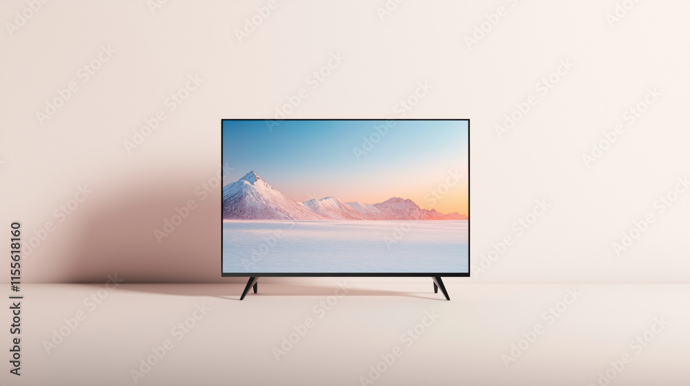 Fototapeta premium Modern television displaying tranquil mountain landscape with a pastel sunset in a minimalistic room setting.
