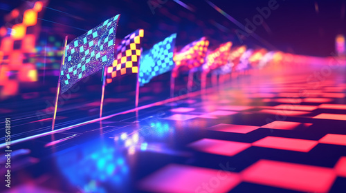 The hologram race. Race flags made up of polygons, triangles of points, and lines. Racing flags are low-poly compound structure. The technology concept.
