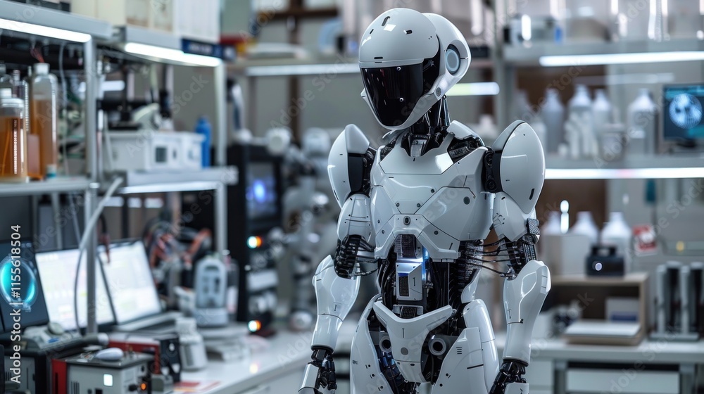 Advanced humanoid robot in a futuristic laboratory setting Advanced humanoid robot in a futuristic laboratory setting