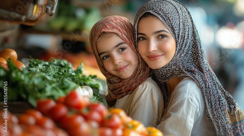 Two women smiling at a vibrant market stall filled with fresh vegetables and ...