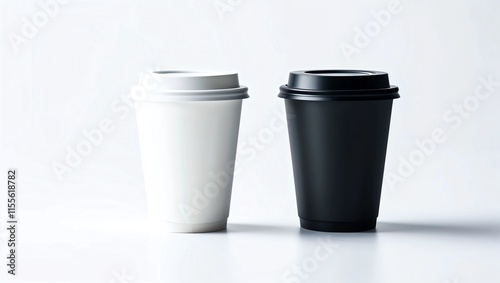 Blank black and white disposable paper cup with plastic lid mock up isolated, 3d rendering. Empty polystyrene coffee drinking mug mockup front view. Clear plain tea  photo