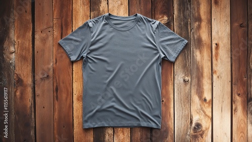 Mockup of blank gray tshirt on rustic wood background