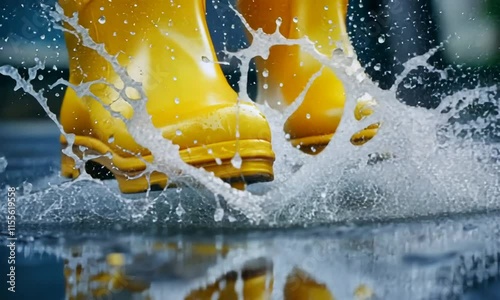 Yellow boots splashing in puddles.