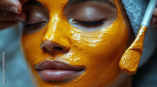 Woman enjoying a golden facial mask treatment for skin rejuvenation and relax...