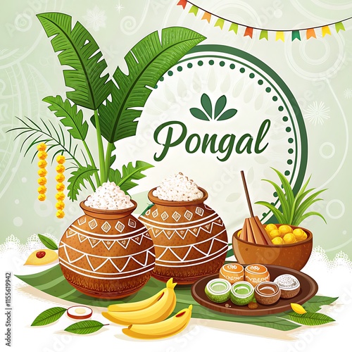 Pongal, Happy Pongal, Celebration. Pongal Poster, Design. Pongal Banner. Pongal Festival. Story | Illustration Art. Indian Festival Pongal Background 
 photo