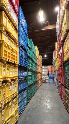 Colorful storage crates arranged in a warehouse with organized stacks in vari...
