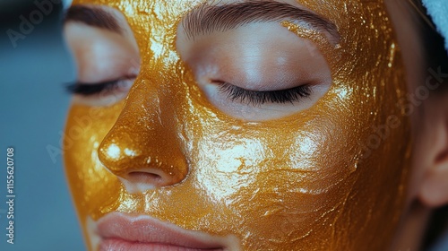 Woman enjoying a golden facial mask treatment for skin rejuvenation and relax...