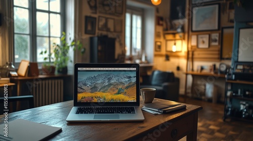 Cozy workspace with laptop and greenery in a sunlit room during the golden hour
