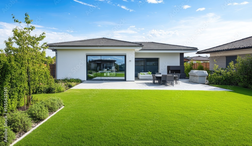 A modern minimalist house with a flat roof, wooden cladding, and green grass in the yard A modern minimalist house with a flat roof, wooden cladding, and green grass in the yard