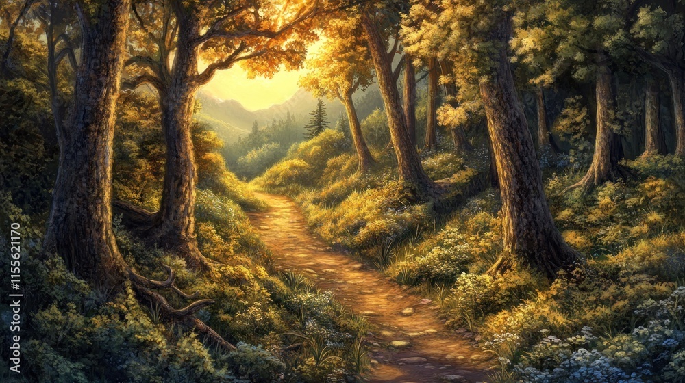 Obraz premium Sunlit path winding through a lush forest, leading to distant hills.