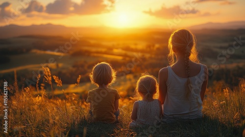 Sunset moment between mother and child in a sunflower field