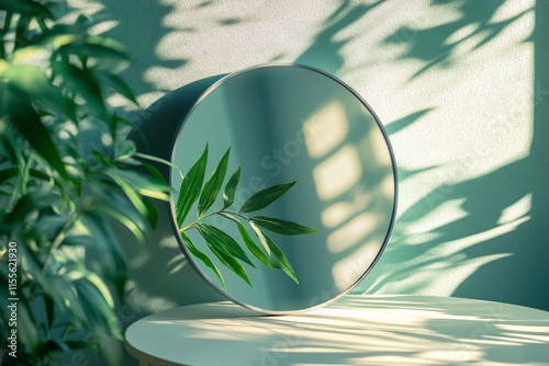 Soft sunlight illuminating a round mirror next to a lush green plant on a woo...