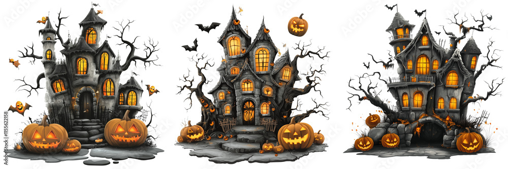 Set olf A cozy front porch decorated for Halloween with an array of carved pumpkins on transparent png background Set olf A cozy front porch decorated for Halloween with an array of carved pumpkins on transparent png background